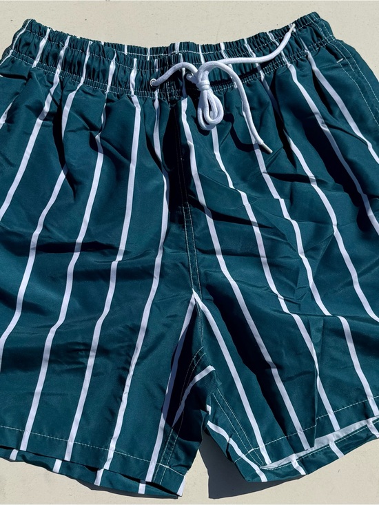 Other - Men's Green Striped Swim Trunks - Elastic Waist with Drawstring